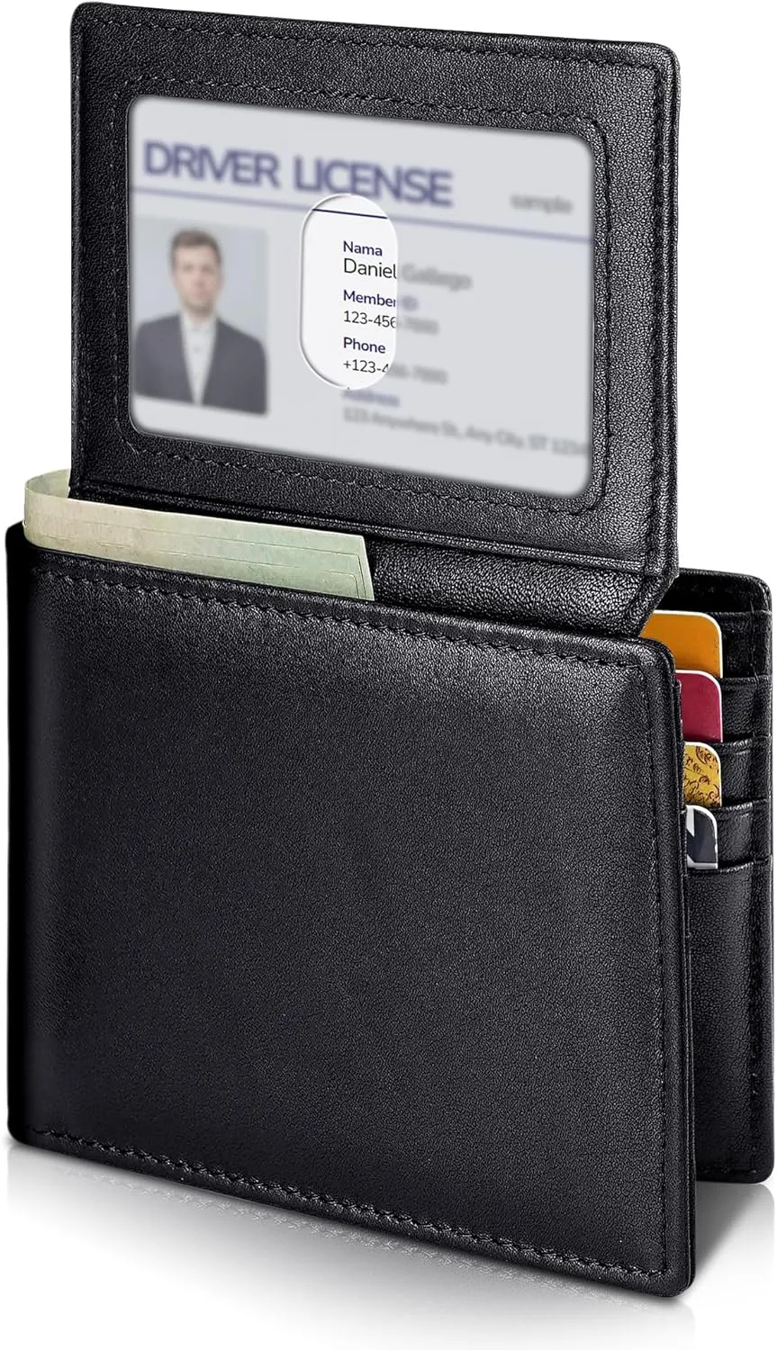 Mens Wallet Genuine Leather Bifold RFID Blocking Wallet for Men with 2 ID Windows 11 Card Holders 2 cash pockets 1 Gift Box