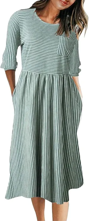 MEROKEETY Women's 3/4 Balloon Sleeve Striped High Waist T Shirt Midi Dress with Pockets