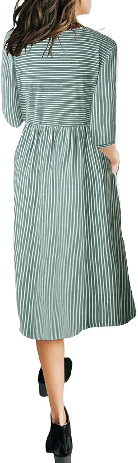 MEROKEETY Women's 3/4 Balloon Sleeve Striped High Waist T Shirt Midi Dress with Pockets