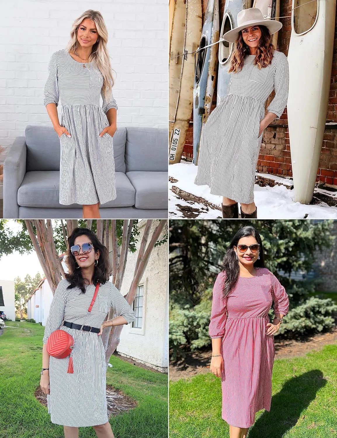 MEROKEETY Women's 3/4 Balloon Sleeve Striped High Waist T Shirt Midi Dress with Pockets