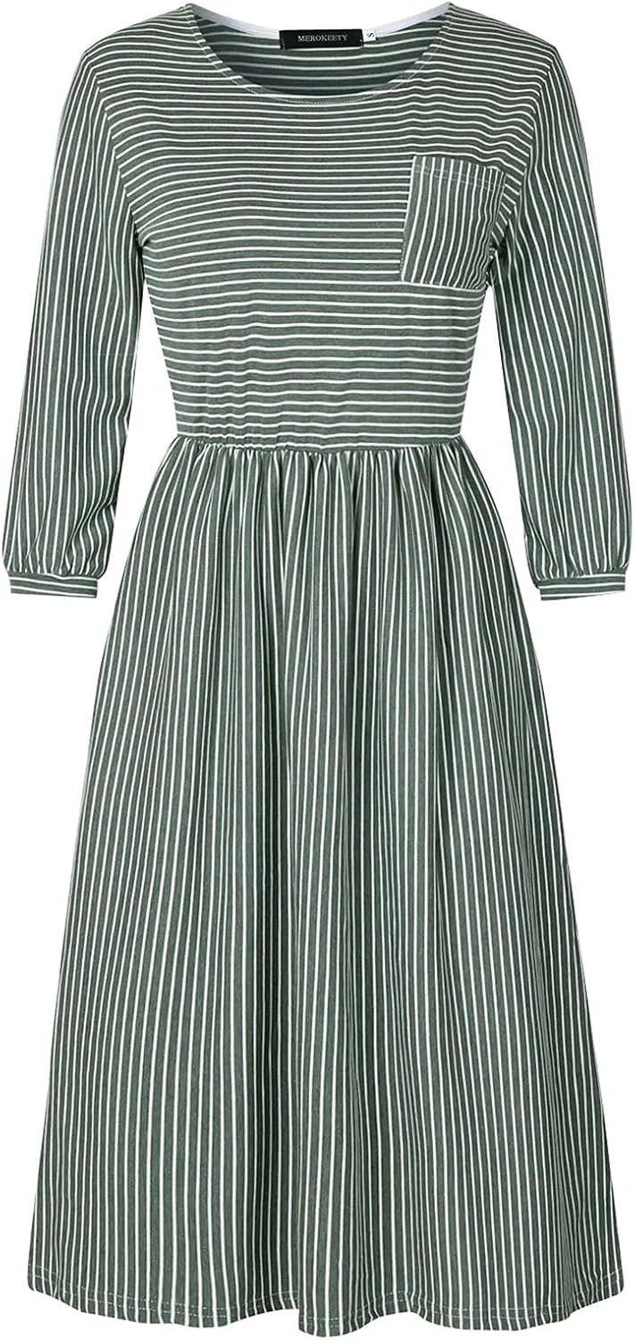 MEROKEETY Women's 3/4 Balloon Sleeve Striped High Waist T Shirt Midi Dress with Pockets