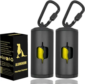Metal Dog Poop Bag Holder 2-Pack w/Leash Clip|Durable Scratch-Resistant Aluminum|30 Bags 6 Accessories（Black）