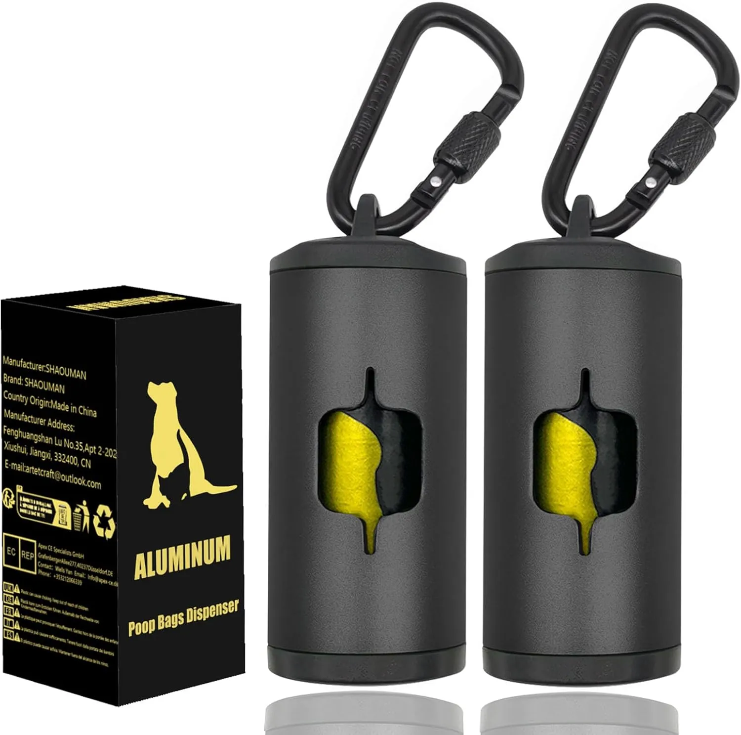 Metal Dog Poop Bag Holder 2-Pack w/Leash Clip|Durable Scratch-Resistant Aluminum|30 Bags 6 Accessories（Black）