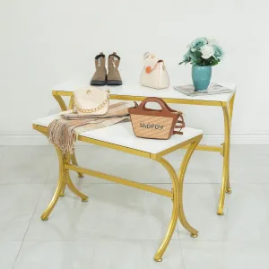 Metal Shoe Handbag Display Stand, Display Riser Shelf for Retail Store, Modern Nesting Tables 2 Piece Set, Iron and Wood, Gold