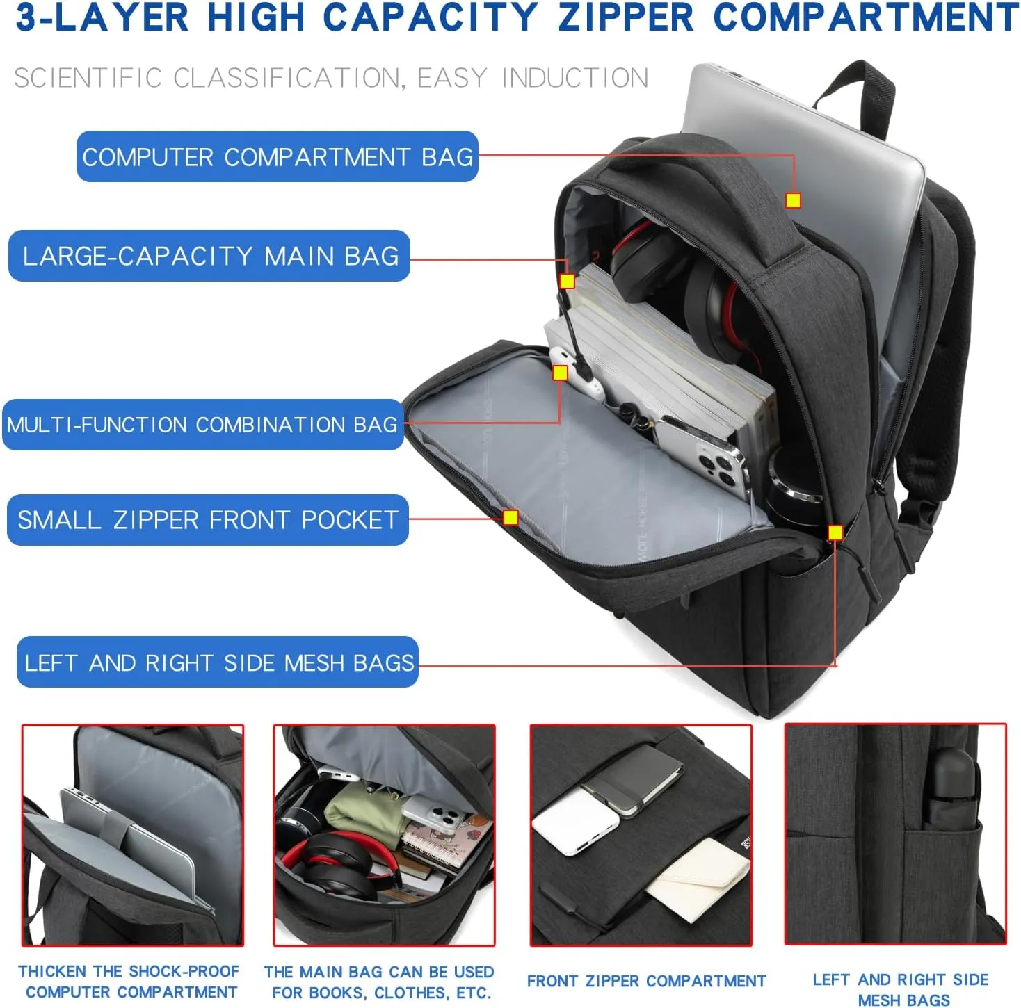 Microfiber Backpack, Laptop Organizer Messenger Bag with Shoulder Strap, Grey (Drak gray)