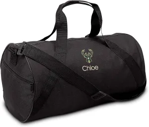 Milwaukee Bucks Personalized Duffel Bags for Kids - Official NBA Logo Embroidery, Removable Shoulder Strap, Polyester, 19” x 14” (Black)