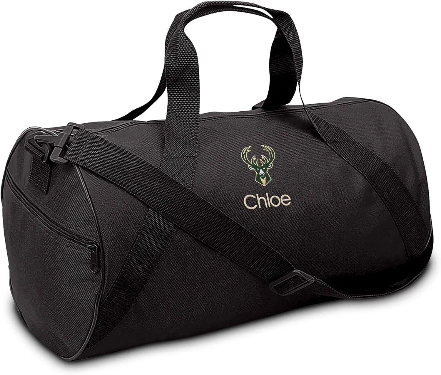 Milwaukee Bucks Personalized Duffel Bags for Kids - Official NBA Logo Embroidery, Removable Shoulder Strap, Polyester, 19” x 14” (Black)