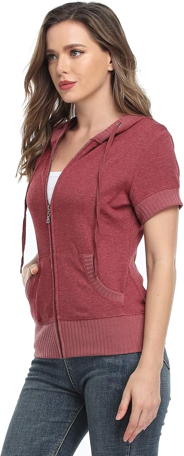 MISS MOLY Women Short Sleeves Hoodie Jacket Full Zip Up Lightweight Sweatshirt Casual