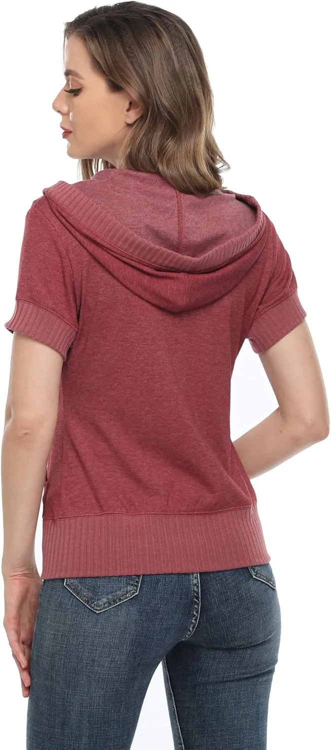 MISS MOLY Women Short Sleeves Hoodie Jacket Full Zip Up Lightweight Sweatshirt Casual