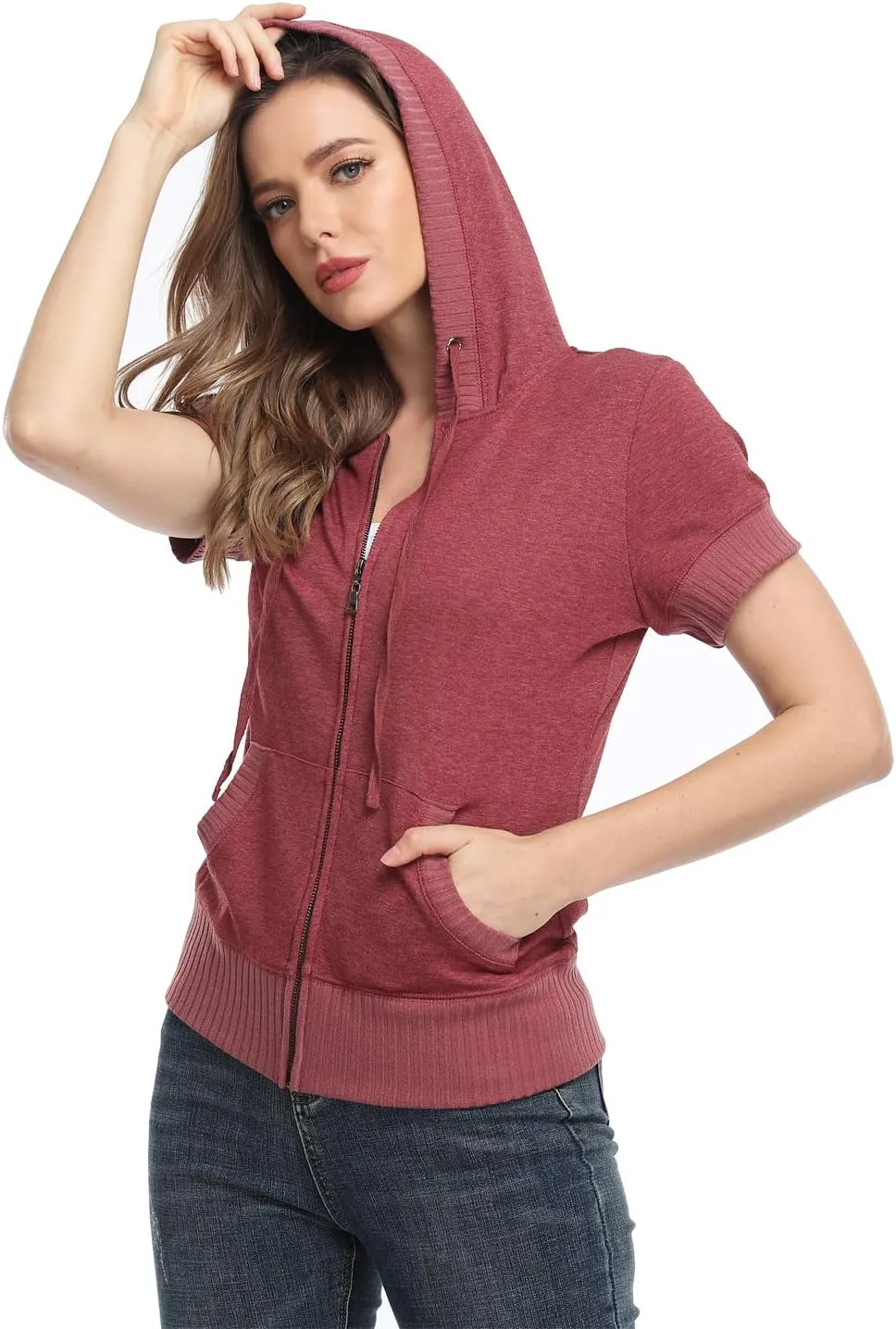 MISS MOLY Women Short Sleeves Hoodie Jacket Full Zip Up Lightweight Sweatshirt Casual