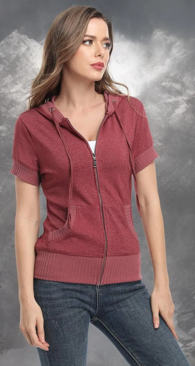 MISS MOLY Women Short Sleeves Hoodie Jacket Full Zip Up Lightweight Sweatshirt Casual