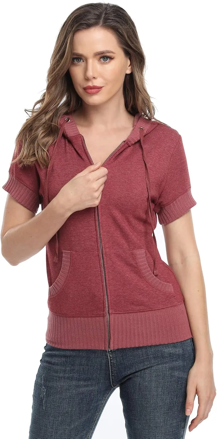 MISS MOLY Women Short Sleeves Hoodie Jacket Full Zip Up Lightweight Sweatshirt Casual