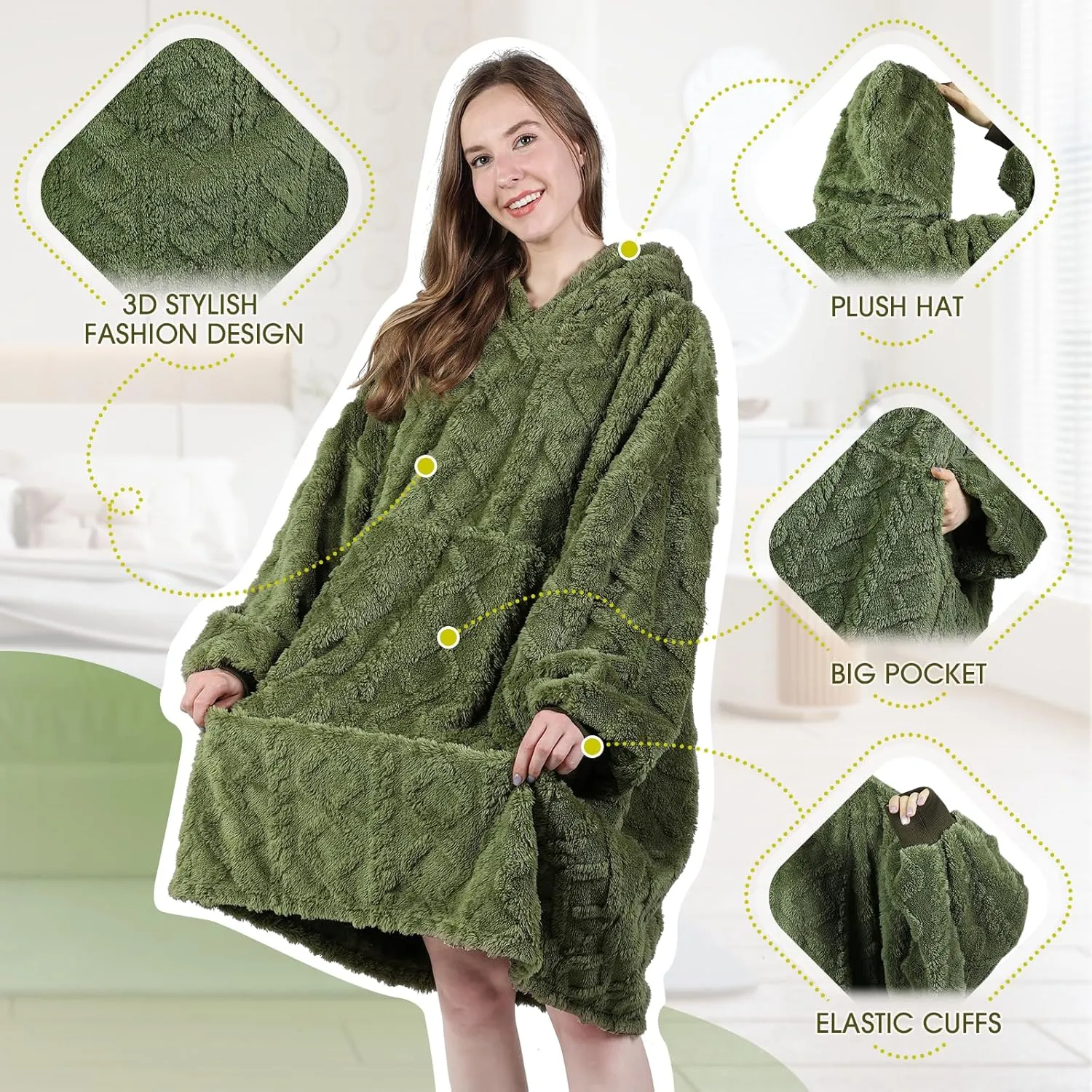 MIZZEO Microfiber Wearable Blanket, Oversized Light Wearable Blanket Hoodie for Adults, Cozy Soft Warm Plush Hooded Blanket Gifts for Women, One Size Fits All (Green)