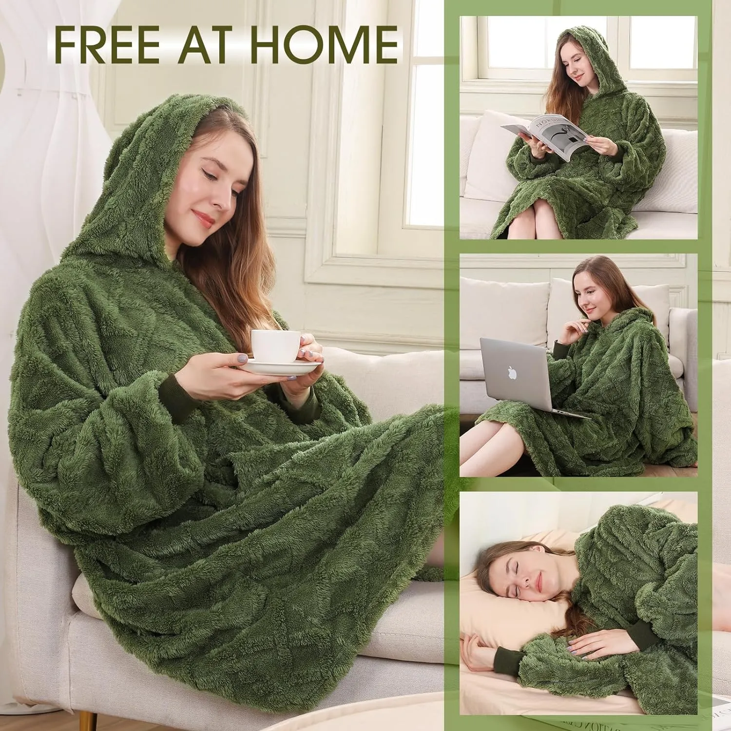 MIZZEO Microfiber Wearable Blanket, Oversized Light Wearable Blanket Hoodie for Adults, Cozy Soft Warm Plush Hooded Blanket Gifts for Women, One Size Fits All (Green)