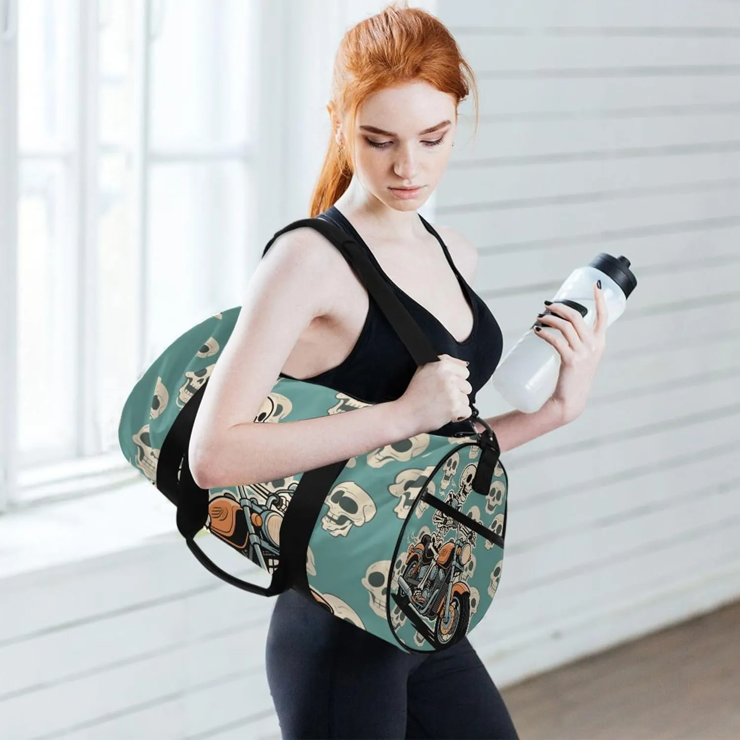 MNSRUU Sports Duffel Bags, Skeleton Motorcycle Athletic Gym Bag Overnight Workout Travel Tote Luggage for Men Women Yoga