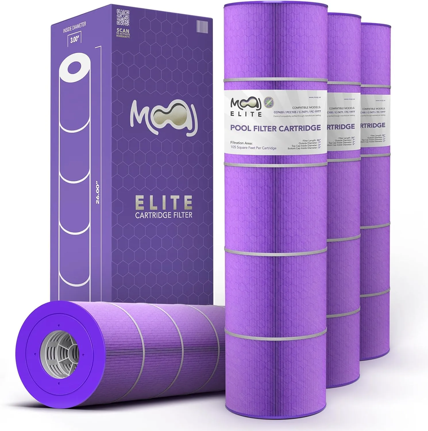 MOAJ Elite Pool Filter 4-Pack Replaces Pentair CCP420, Clean and Clear Plus 420, R173576, PCC105, PCC105-PAK4, Filbur FC-1977, Unicel C-7471, J-CQ420, PLESL105 | 26" x 7" | Aseptic Hex-Flo Filtration