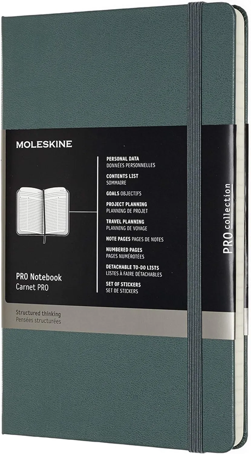 Moleskine PRO Notebook, Hard Cover, Large (5" x 8.25") Professional Project Planning, Forest Green, 240 Pages