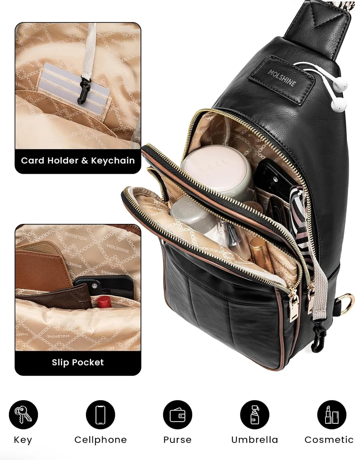 molshine Sling Crossbody Bag, Fashion Chest, Casual PU Leather Shoulder Bag for Women Work Travel Hiking Cycling