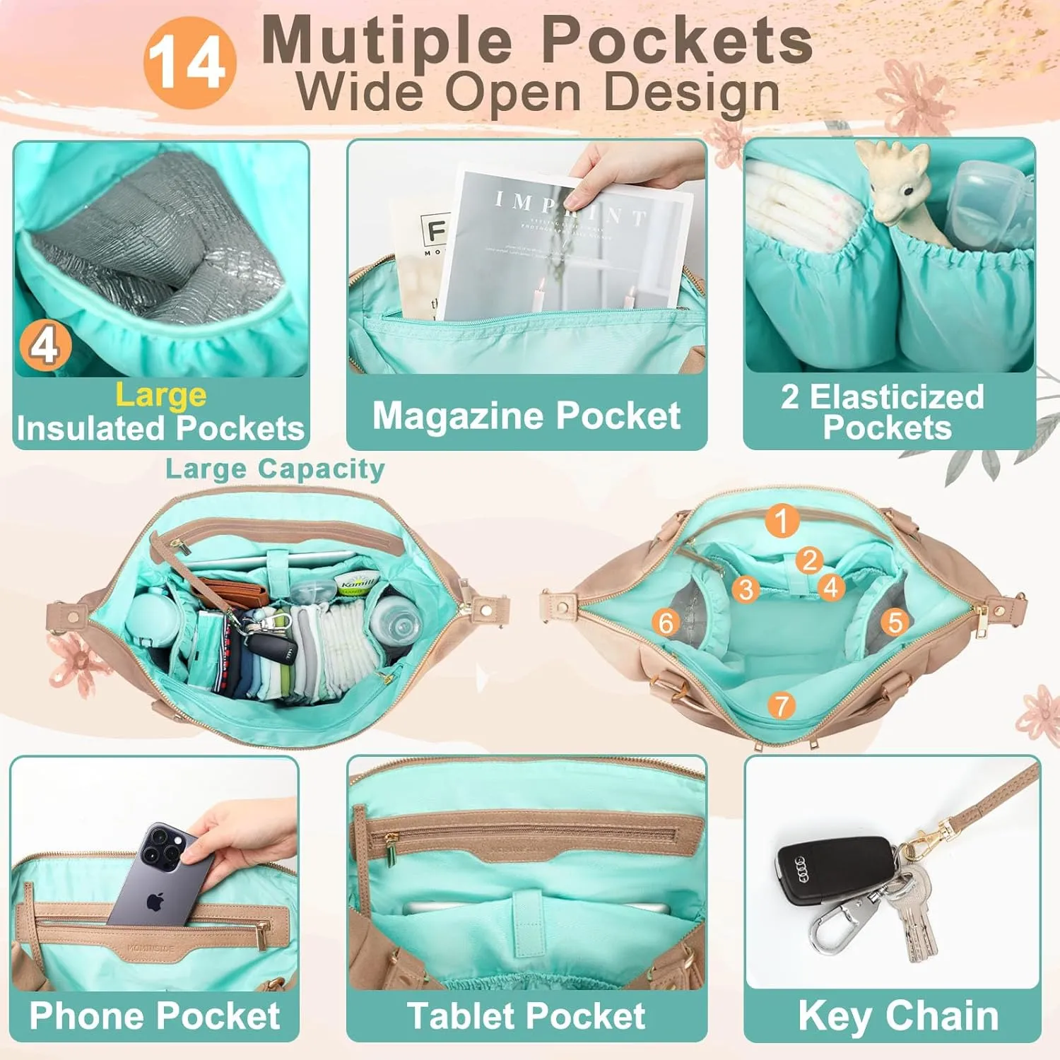 MOMINSIDE Diaper Bag Tote, Leather Diaper Bag Backpack with 14 Pockets, Convertible Baby Bag for Boys Girls, Baby Registry, Changing Pad, Large 4 Insulated Pockets (Camel)