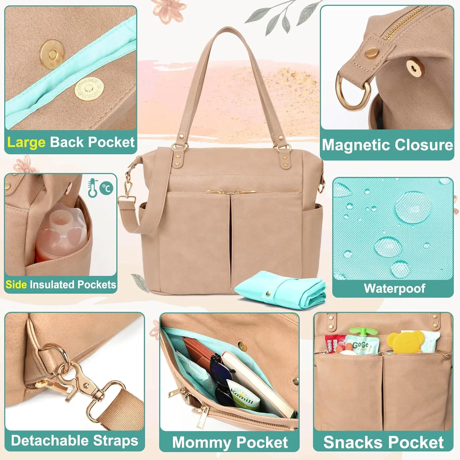 MOMINSIDE Diaper Bag Tote, Leather Diaper Bag Backpack with 14 Pockets, Convertible Baby Bag for Boys Girls, Baby Registry, Changing Pad, Large 4 Insulated Pockets (Camel)