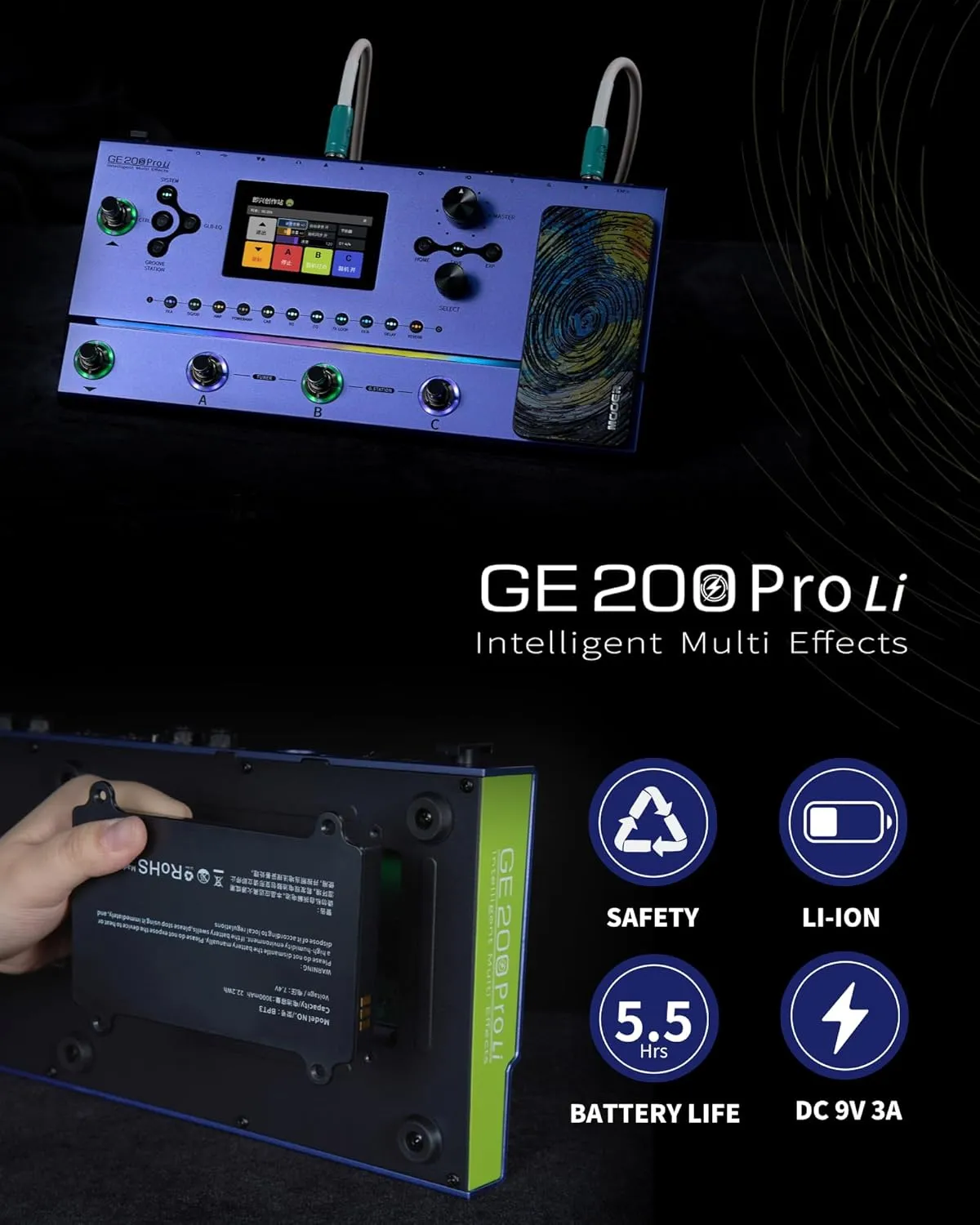 MOOER GE200 Pro Li Intelligent Multi Effects Amp Modelling Effects Pedal with Lithium Battery, Iconic Ambient Lights, Groove Station, MIDI Function, FX Loop, GE-Could APP, OTG guitar live streaming