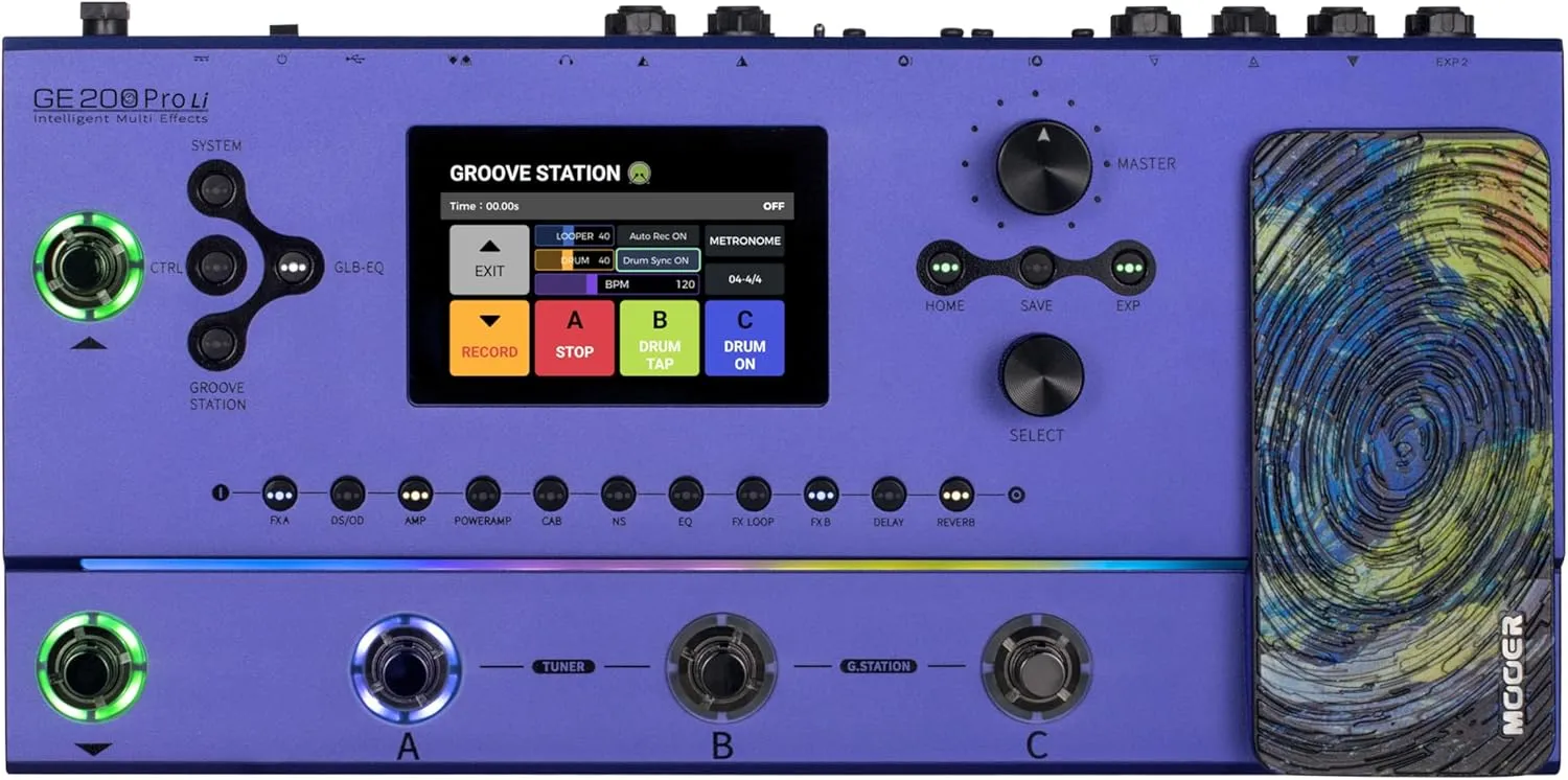 MOOER GE200 Pro Li Intelligent Multi Effects Amp Modelling Effects Pedal with Lithium Battery, Iconic Ambient Lights, Groove Station, MIDI Function, FX Loop, GE-Could APP, OTG guitar live streaming