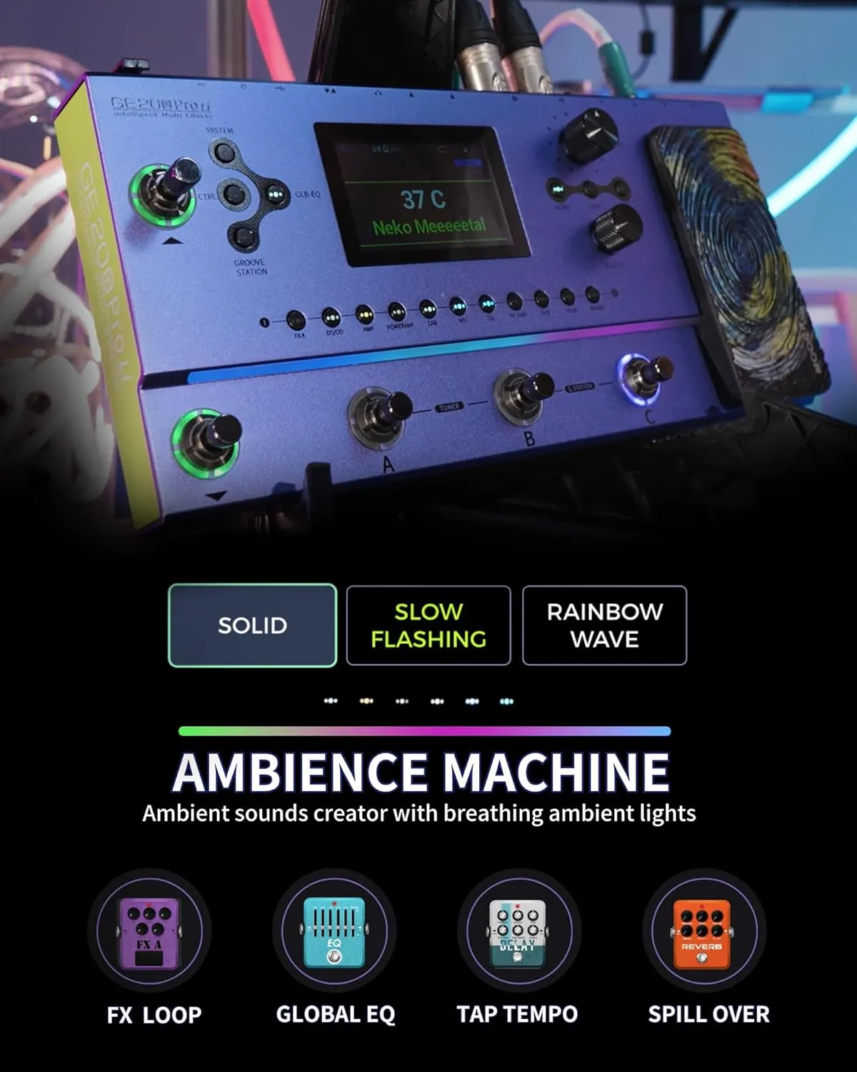 MOOER GE200 Pro Li Intelligent Multi Effects Amp Modelling Effects Pedal with Lithium Battery, Iconic Ambient Lights, Groove Station, MIDI Function, FX Loop, GE-Could APP, OTG guitar live streaming
