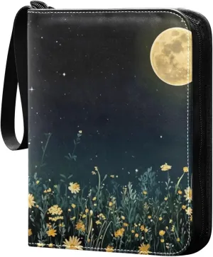 Moon Night Daisy Field Card Binder 4 Pocket Trading Card Album Fits 400 Sports/Game Cards, PU Cover 3 Ring Card Collection with 50 Removable Sleeves