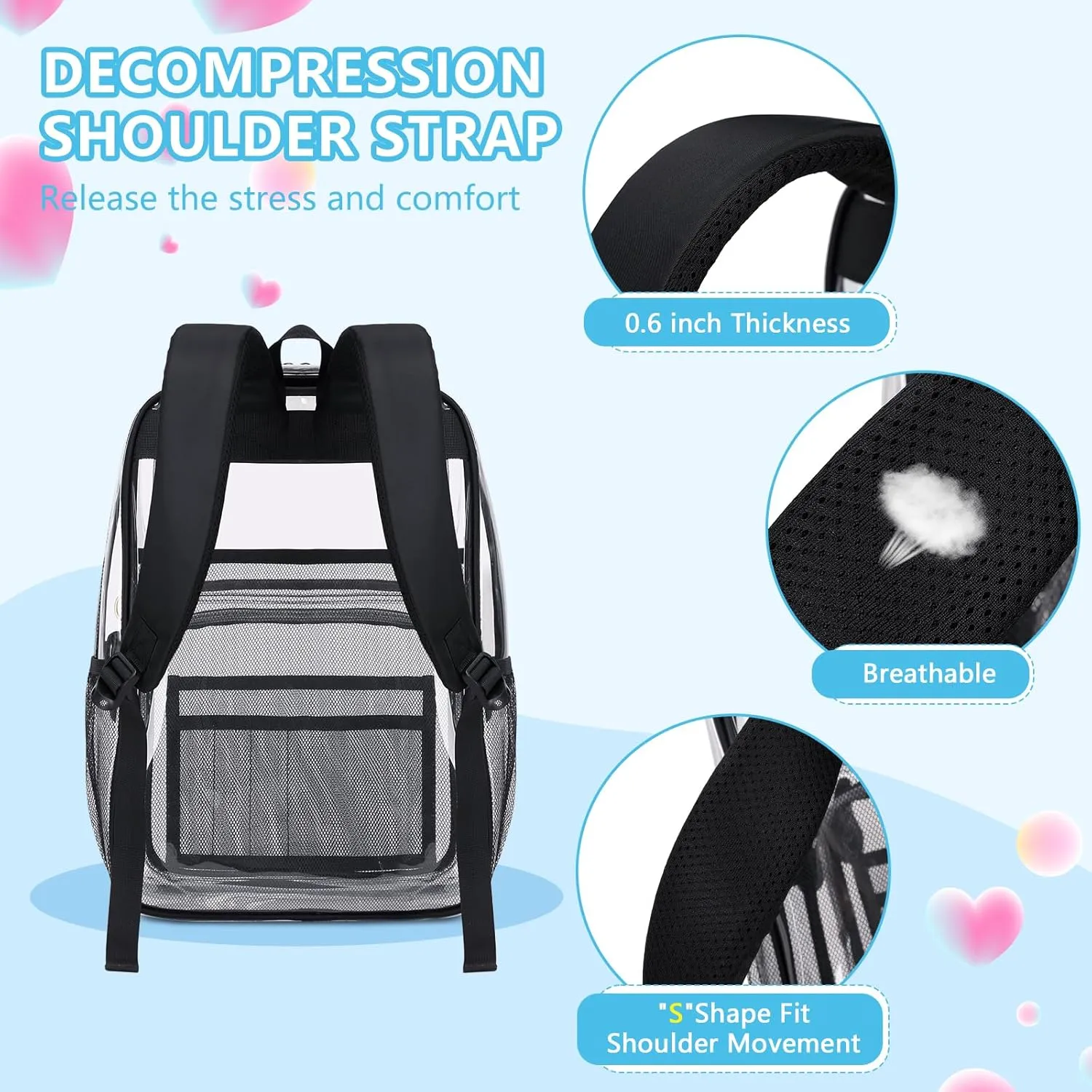 MOONBABY Clear Backpack for School Girls, Heavy Duty TPU Transparent Backpack Stadium Events Approved, Clear Bookbag