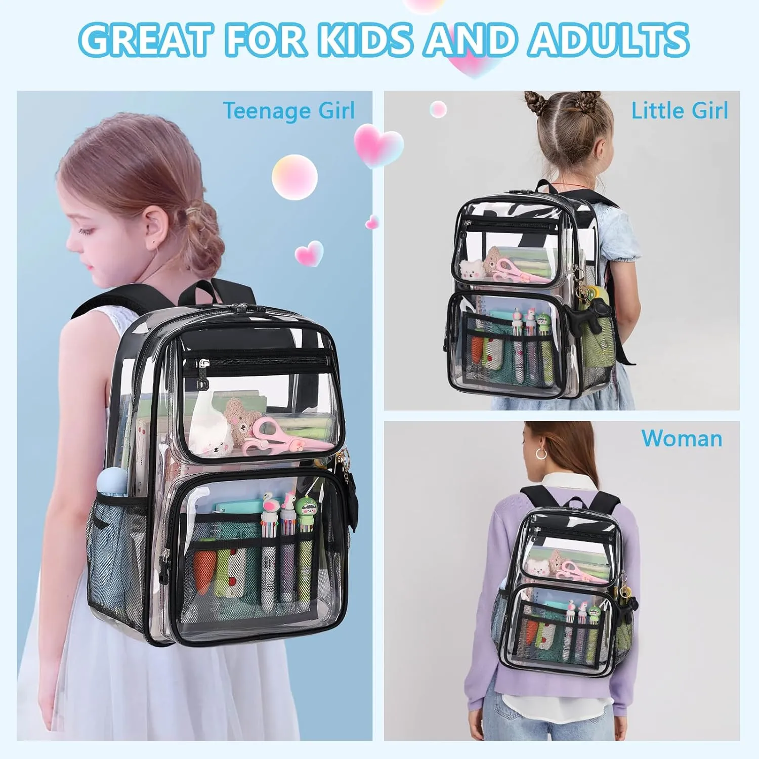 MOONBABY Clear Backpack for School Girls, Heavy Duty TPU Transparent Backpack Stadium Events Approved, Clear Bookbag