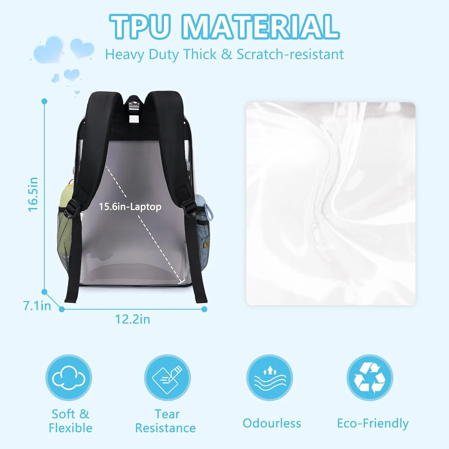 MOONBABY Clear Backpack for School Girls, Heavy Duty TPU Transparent Backpack Stadium Events Approved, Clear Bookbag
