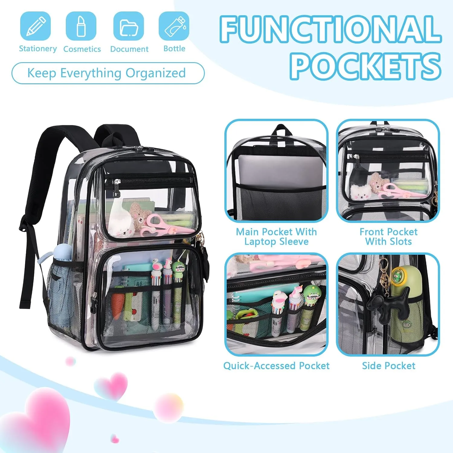 MOONBABY Clear Backpack for School Girls, Heavy Duty TPU Transparent Backpack Stadium Events Approved, Clear Bookbag
