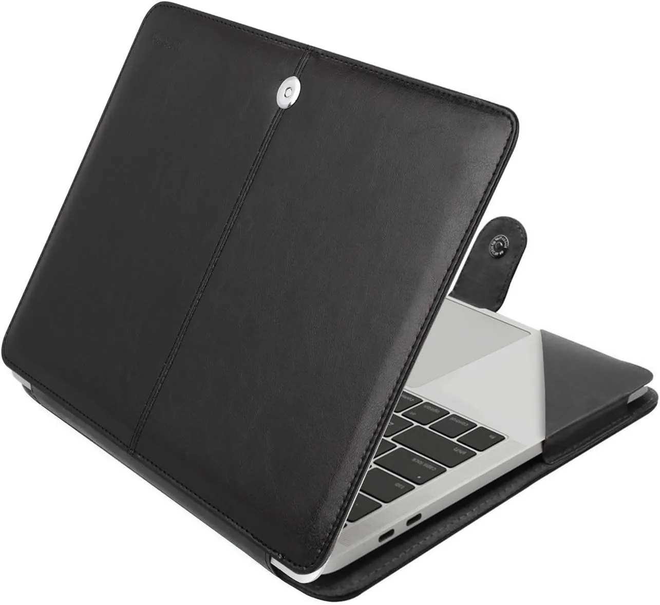 MOSISO Compatible with MacBook Air 15 inch M4 A3241 M3 A3114 M2 A2941 2025 2024 2023/ Pro 15 Case A1990 A1707 2019-2016, PU Leather Portfolio Protective Stand Cover Sleeve with Clear Strip, Black