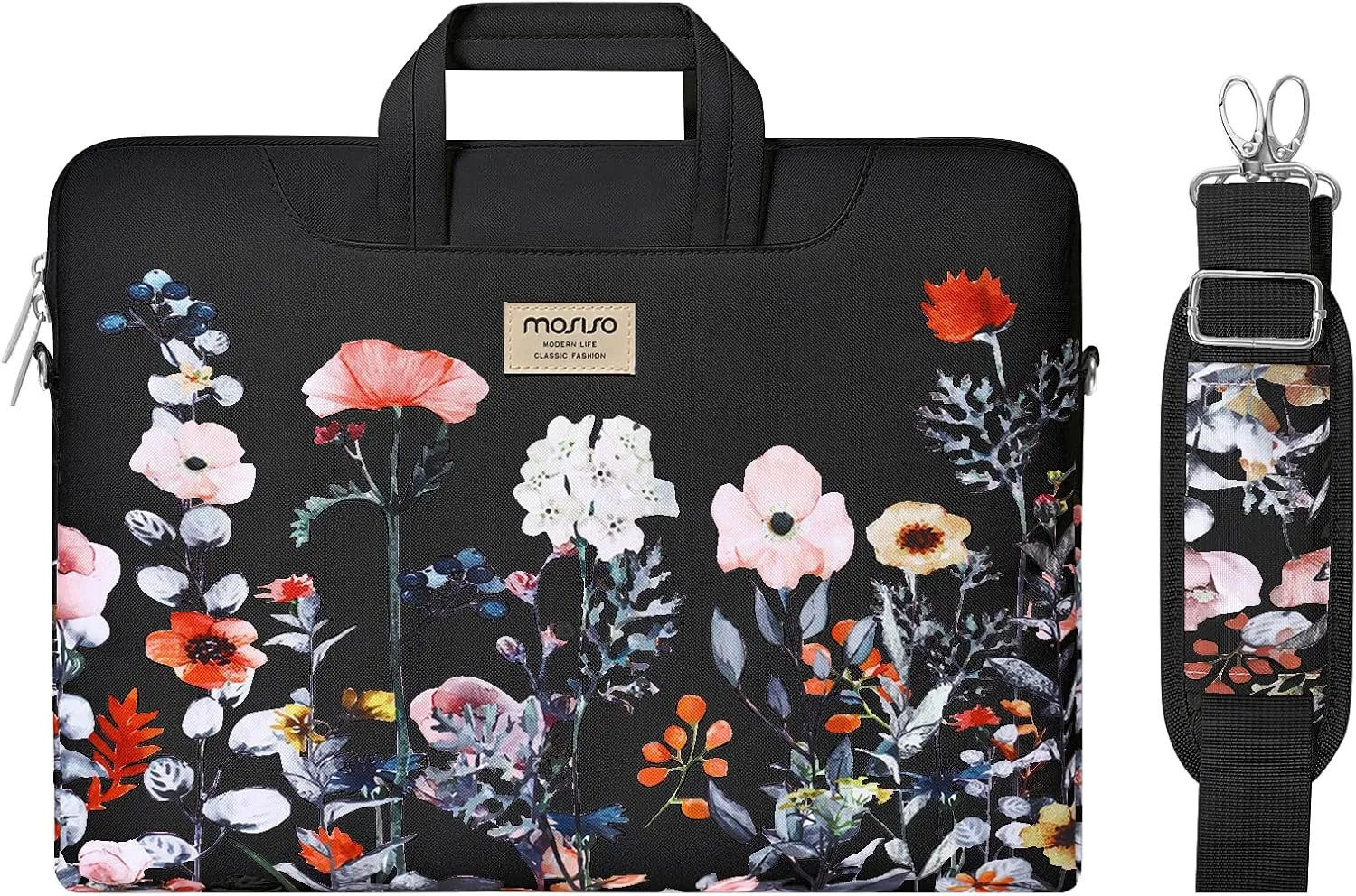 MOSISO Laptop Shoulder Bag Compatible with MacBook Air/Pro,13-13.3 inch Notebook,Compatible with MacBook Pro 14 inch M3 M2 M1 Chip Pro Max 2023-2021, Garden Flowers Briefcase with Belt, Black