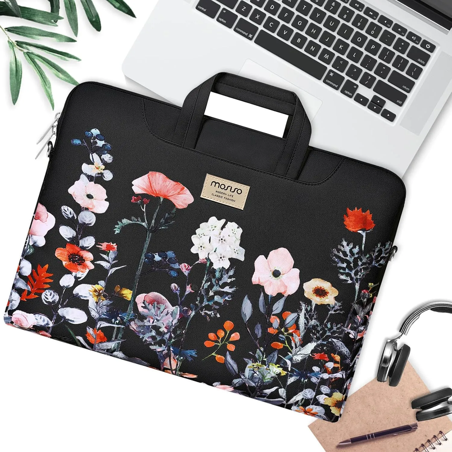 MOSISO Laptop Shoulder Bag Compatible with MacBook Air/Pro,13-13.3 inch Notebook,Compatible with MacBook Pro 14 inch M3 M2 M1 Chip Pro Max 2023-2021, Garden Flowers Briefcase with Belt, Black