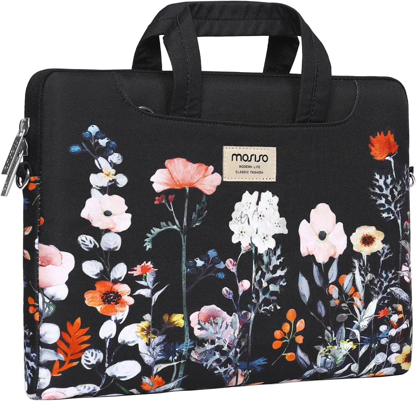 MOSISO Laptop Shoulder Bag Compatible with MacBook Air/Pro,13-13.3 inch Notebook,Compatible with MacBook Pro 14 inch M3 M2 M1 Chip Pro Max 2023-2021, Garden Flowers Briefcase with Belt, Black