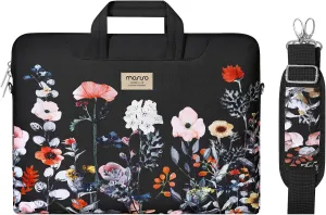 MOSISO Laptop Shoulder Bag Compatible with MacBook Air/Pro,13-13.3 inch Notebook,Compatible with MacBook Pro 14 inch M3 M2 M1 Chip Pro Max 2023-2021, Garden Flowers Briefcase with Belt, Black
