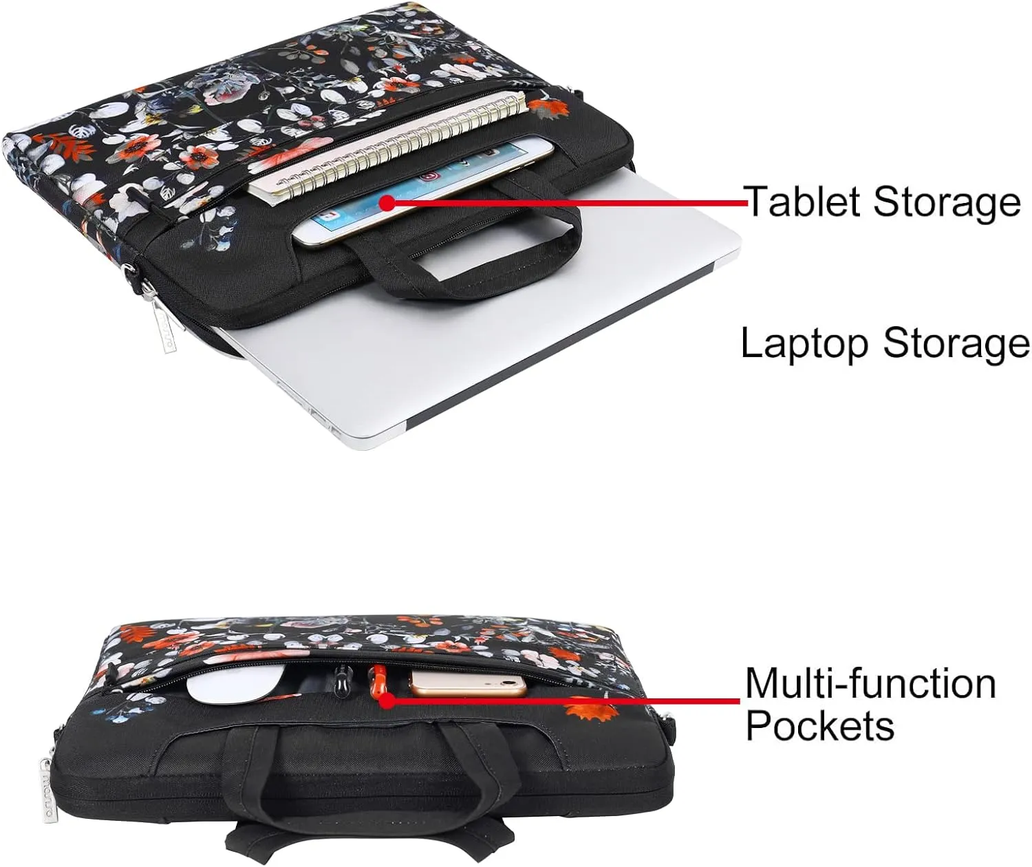 MOSISO Laptop Shoulder Bag Compatible with MacBook Air/Pro,13-13.3 inch Notebook,Compatible with MacBook Pro 14 inch M3 M2 M1 Chip Pro Max 2023-2021, Garden Flowers Briefcase with Belt, Black