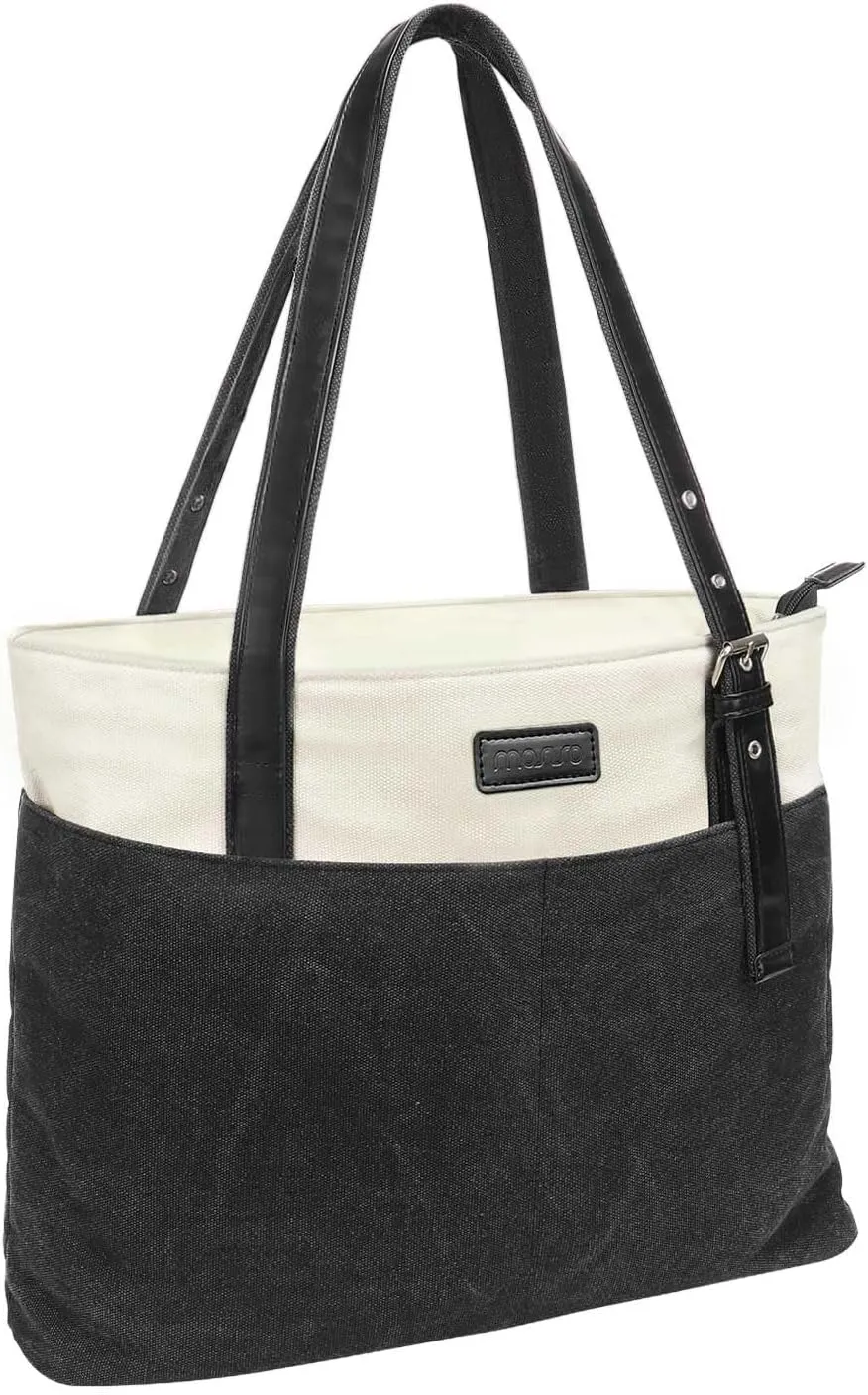 MOSISO Laptop Tote Bag, 15.6 inch Splice Canvas Laptop Bag for Women Men, 15 inch Lightweight Business Office Work Travel Handbag with Front 2 Hidden Pockets, Black