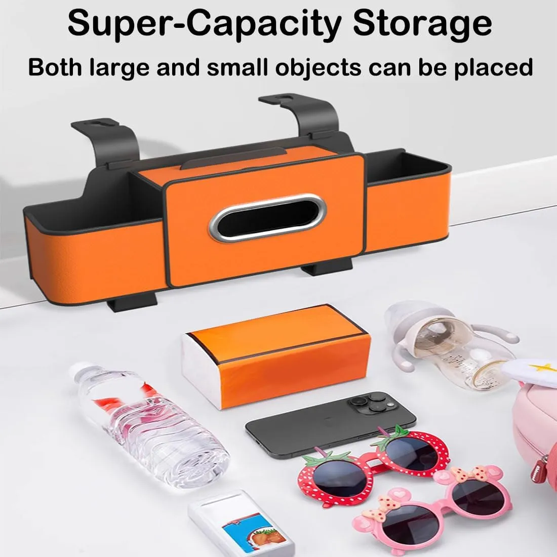 Multifunctional Backseat Storage Box, Hanging Universal Waterproof Backrest Organizer Bag, Car-Mounted Tissue Boxs with 2 Drink Cup Holders (2pcs Orange)