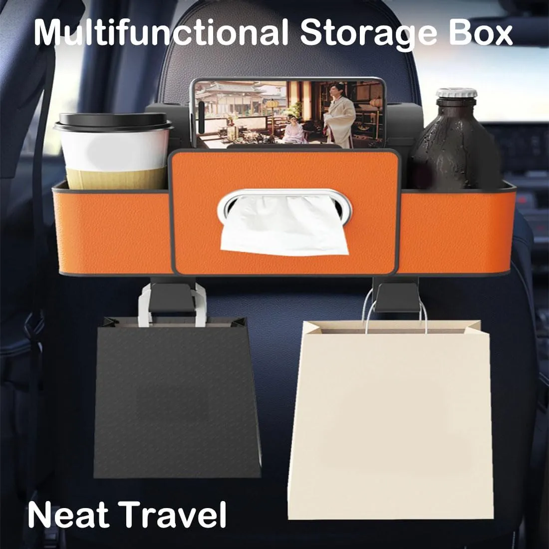 Multifunctional Backseat Storage Box, Hanging Universal Waterproof Backrest Organizer Bag, Car-Mounted Tissue Boxs with 2 Drink Cup Holders (2pcs Orange)