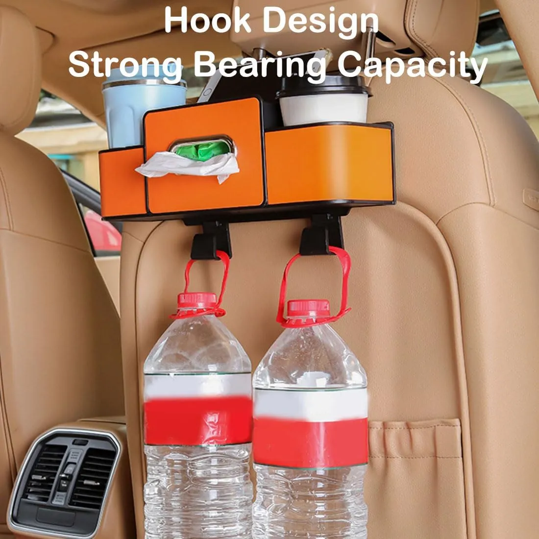 Multifunctional Backseat Storage Box, Hanging Universal Waterproof Backrest Organizer Bag, Car-Mounted Tissue Boxs with 2 Drink Cup Holders (2pcs Orange)
