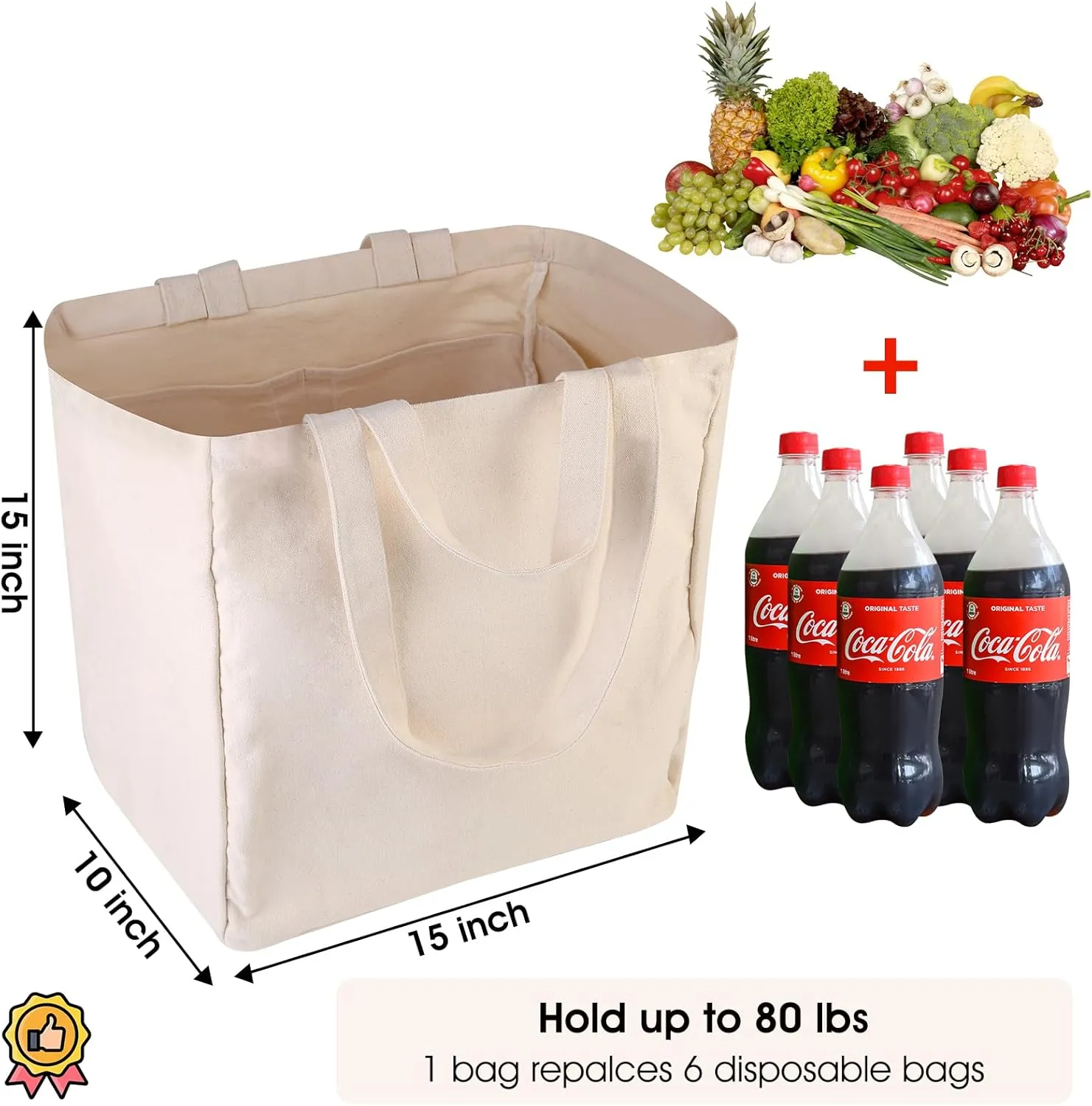 musbus Large Canvas Tote Bag-Organic Cotton, 3-Pack Eco-Friendly Reusable Grocery Bags with Pockets/Bottle Sleeves, Washable Shopping/Farmers Market, Long Shoulder Strap and Short Handle, Foldable