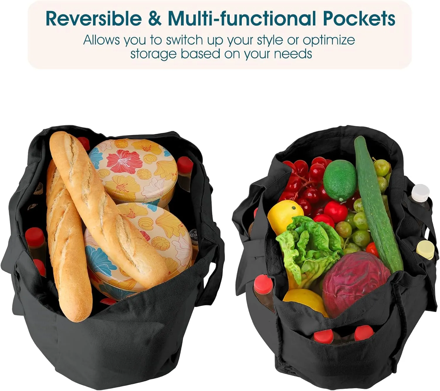 musbus Large Canvas Tote Bag-Organic Cotton, 3-Pack Eco-Friendly Reusable Grocery Bags with Pockets/Bottle Sleeves, Washable Shopping/Farmers Market, Long Shoulder Strap and Short Handle, Foldable