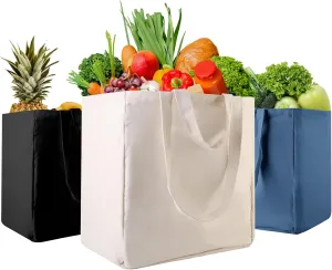musbus Large Canvas Tote Bag-Organic Cotton, 3-Pack Eco-Friendly Reusable Grocery Bags with Pockets/Bottle Sleeves, Washable Shopping/Farmers Market, Long Shoulder Strap and Short Handle, Foldable