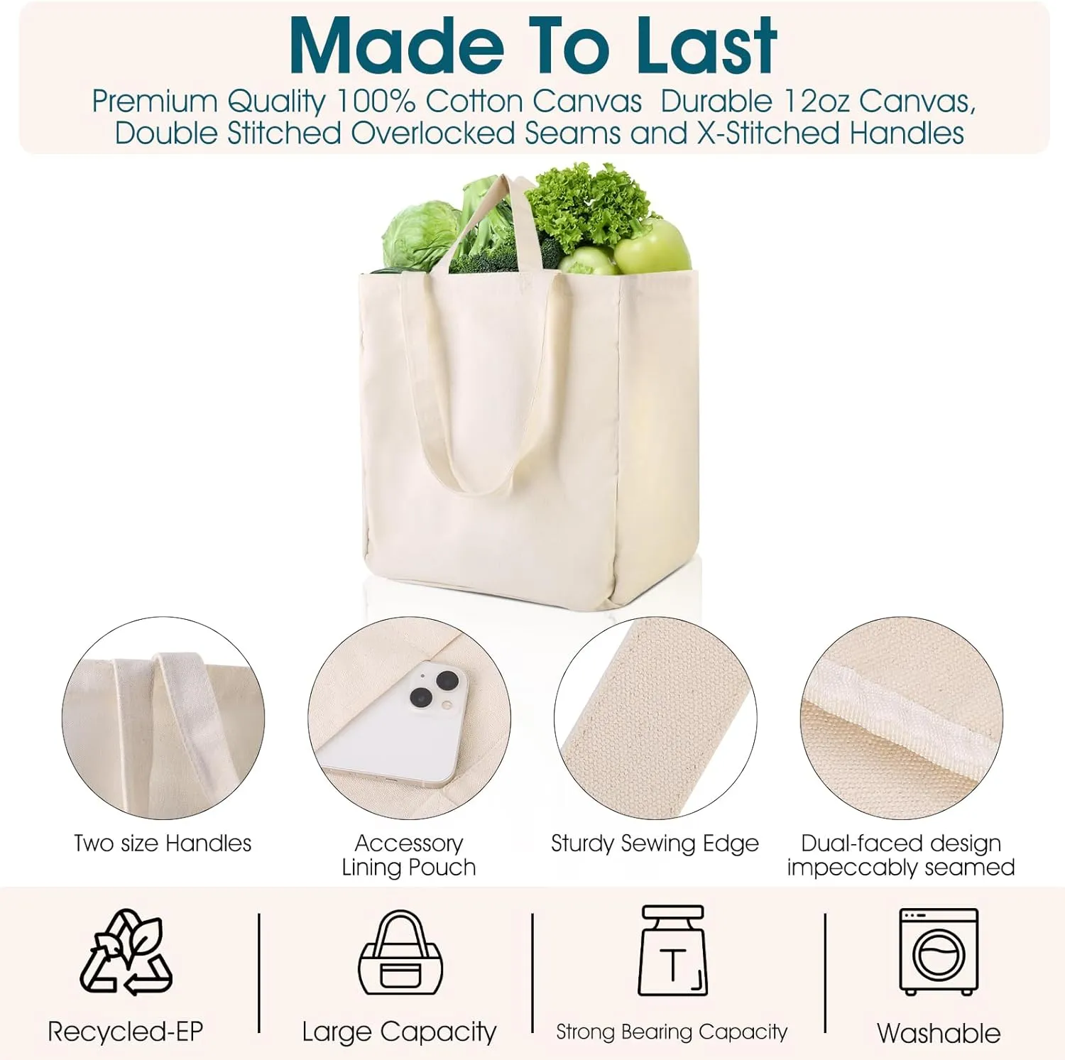 musbus Large Canvas Tote Bag-Organic Cotton, 3-Pack Eco-Friendly Reusable Grocery Bags with Pockets/Bottle Sleeves, Washable Shopping/Farmers Market, Long Shoulder Strap and Short Handle, Foldable