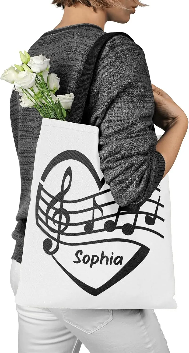 Music Notes Personalized Canvas Tote Bags, Reusable Bags for Shopping,Travel,School Handbag Gift