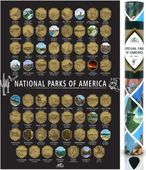 National Parks Scratch Off Map of United States Poster - Easy to Frame 16 x 24 inches Poster with National Park Stickers - Adventure Gift for Travelers - Nature Wall Art Décor