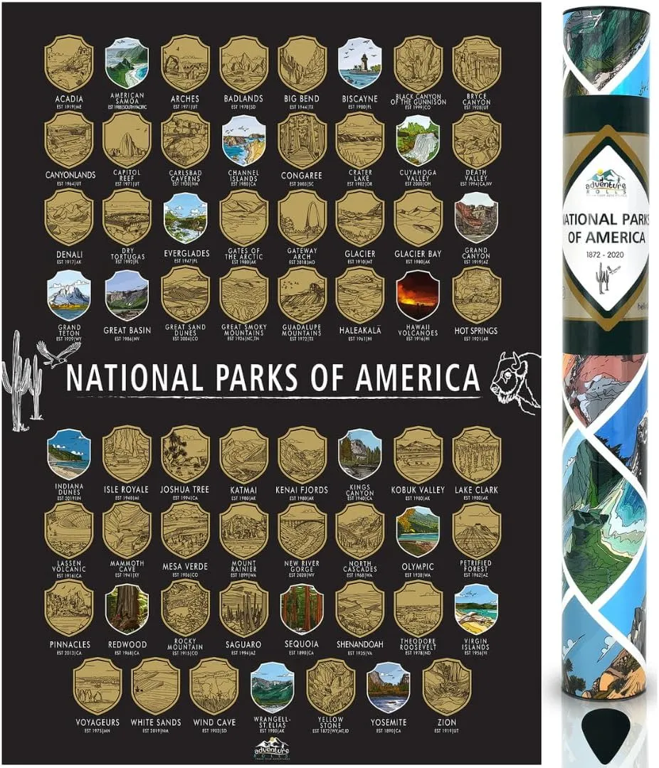 National Parks Scratch Off Map of United States Poster - Easy to Frame 16 x 24 inches Poster with National Park Stickers - Adventure Gift for Travelers - Nature Wall Art Décor