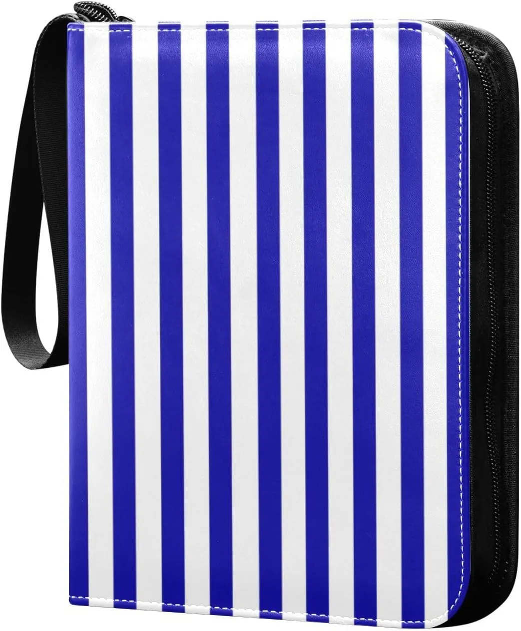 Navy Blue White Stripes Card Binder 4 Pocket Trading Card Album Fits 400 Sports/Game Cards, PU Cover 3 Ring Card Collection with 50 Removable Sleeves